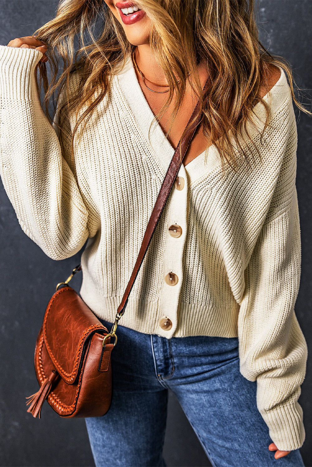 Beige Knitted Buttoned V Neck Cardigan