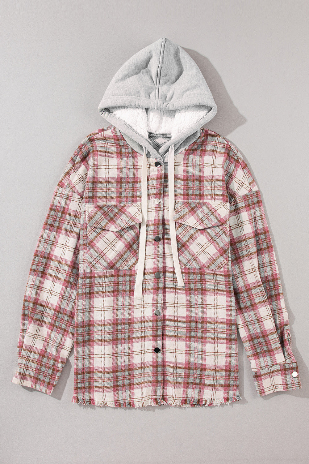 Multicolour Plaid Flap Pocket Hooded Raw Hem Jacket