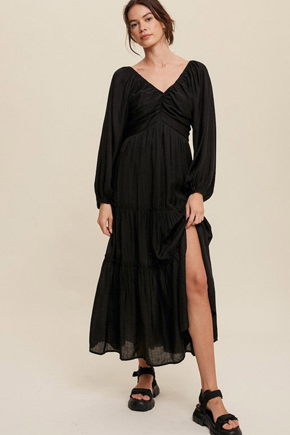 Black V Neck Frill Tiered Maxi Dress