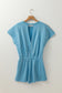 Mist Blue Mineral Wash Drawstring Waist Hollow Out Back Short Sleeve Romper