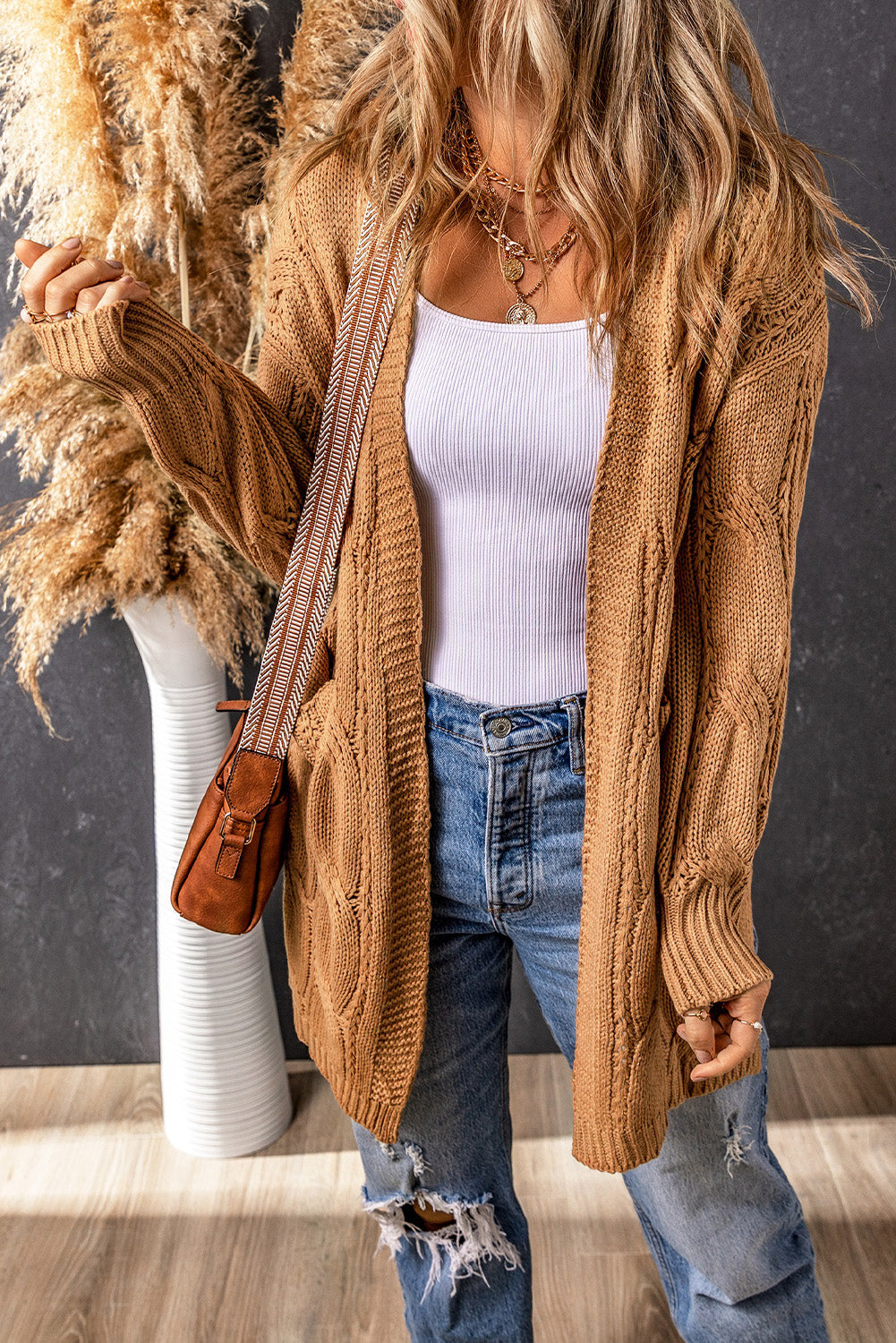 Khaki Ribbed Cable Knit Cardigan