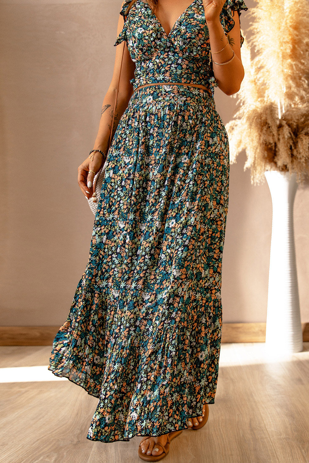 Multicolor Floral Ruffled Crop Top and Maxi Skirt Set