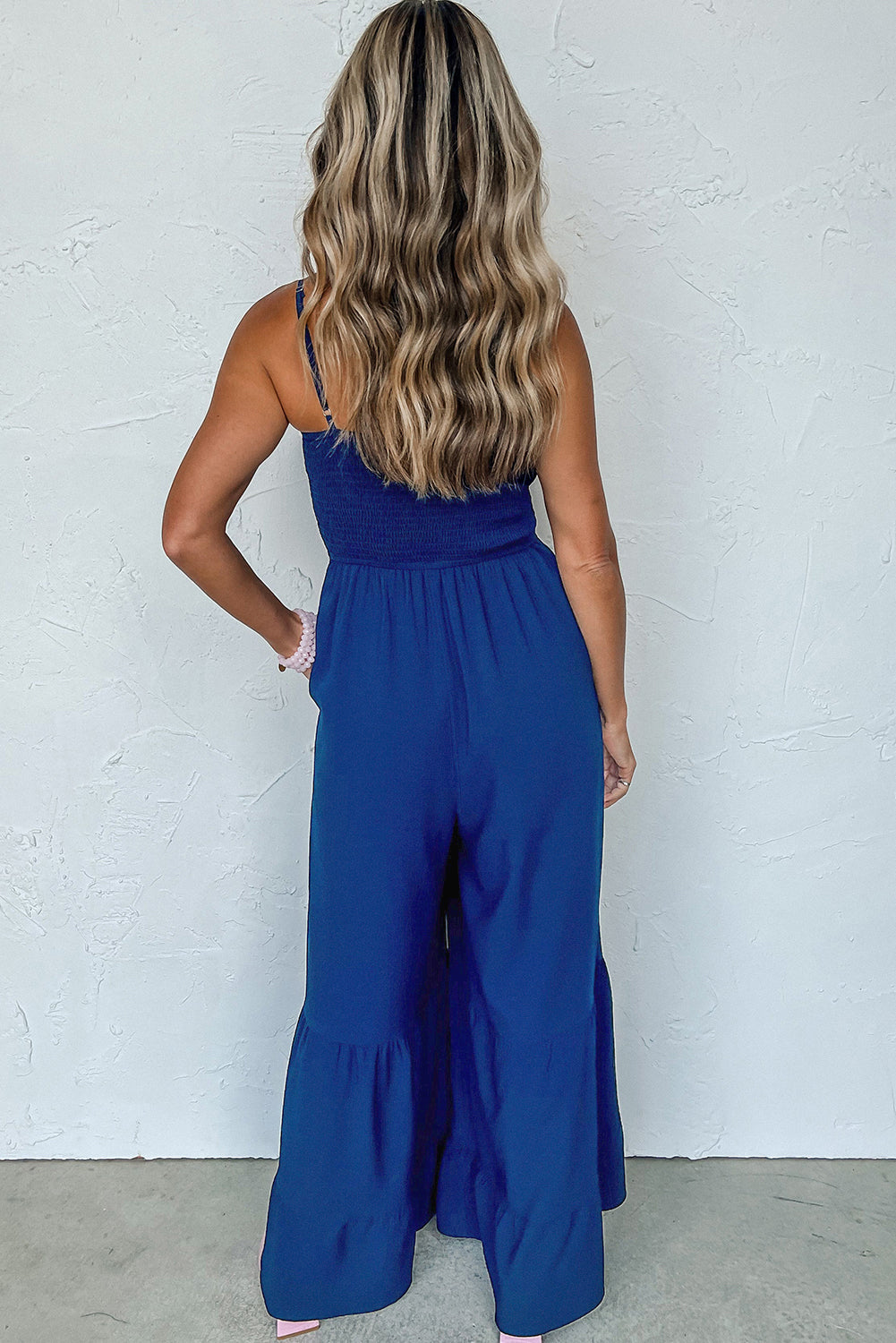 Blue Spaghetti Strap Smocked Ruffled Wide Leg Jumpsuit