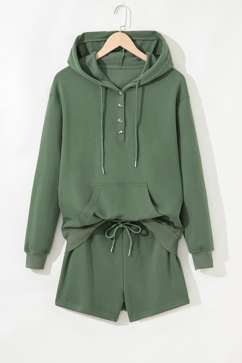 Navy Blue Button Drawstring Hooded Pullover and Casual Short Set