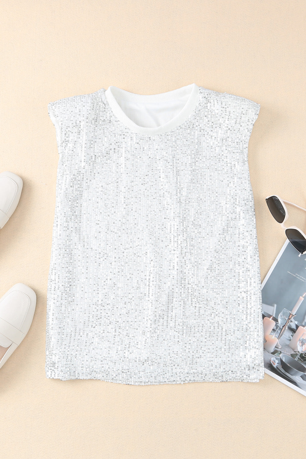 White Round Neck Sequin Tank Top