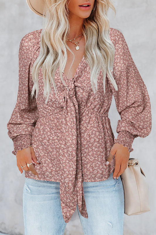 Bohemian Floral Print Front Tie Ruffled Long Sleeve Blouse