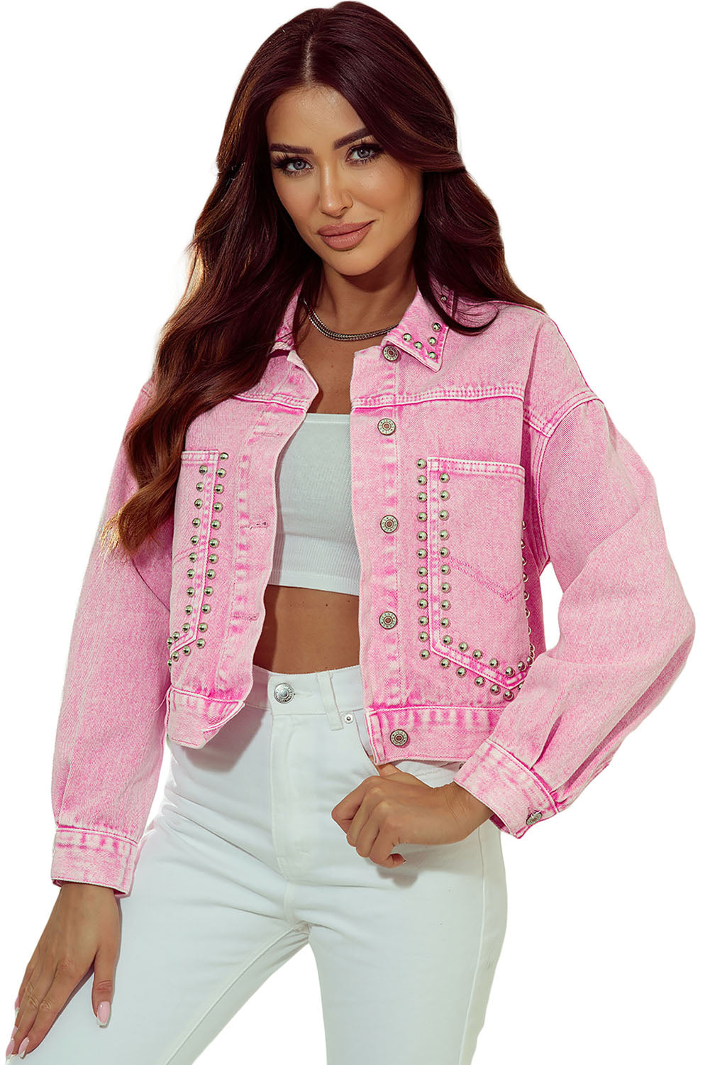 Pink Rivet Studded Denim Jacket