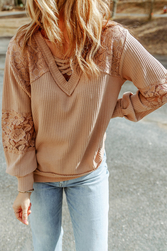 Lace Waffle Knit V Neck Long Sleeve Top-Apricot