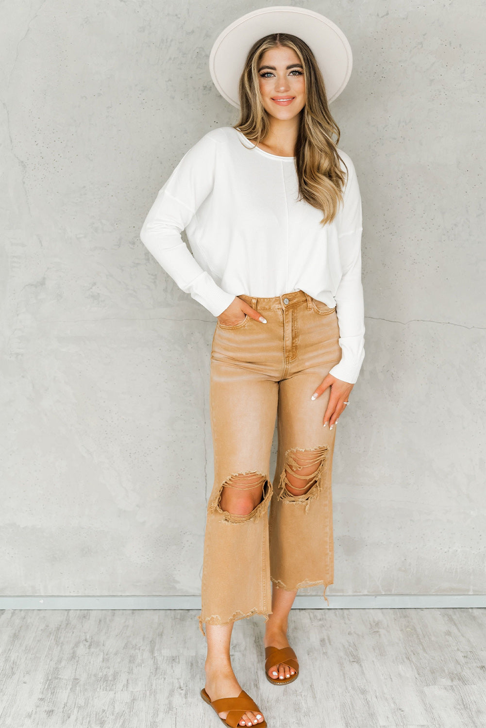 Brown Distressed High Waist Cropped Flare Jeans