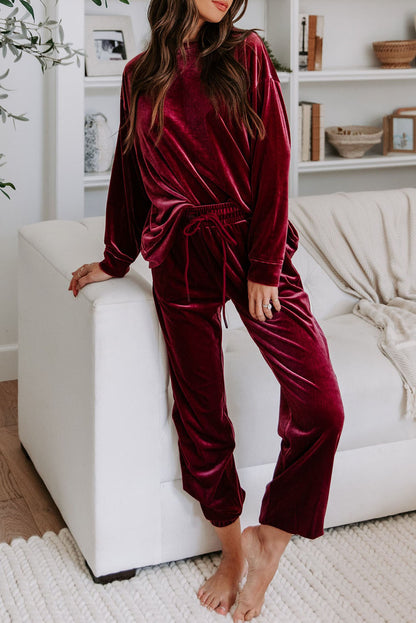 Red Solid Velvet Two Piece Lounge Set