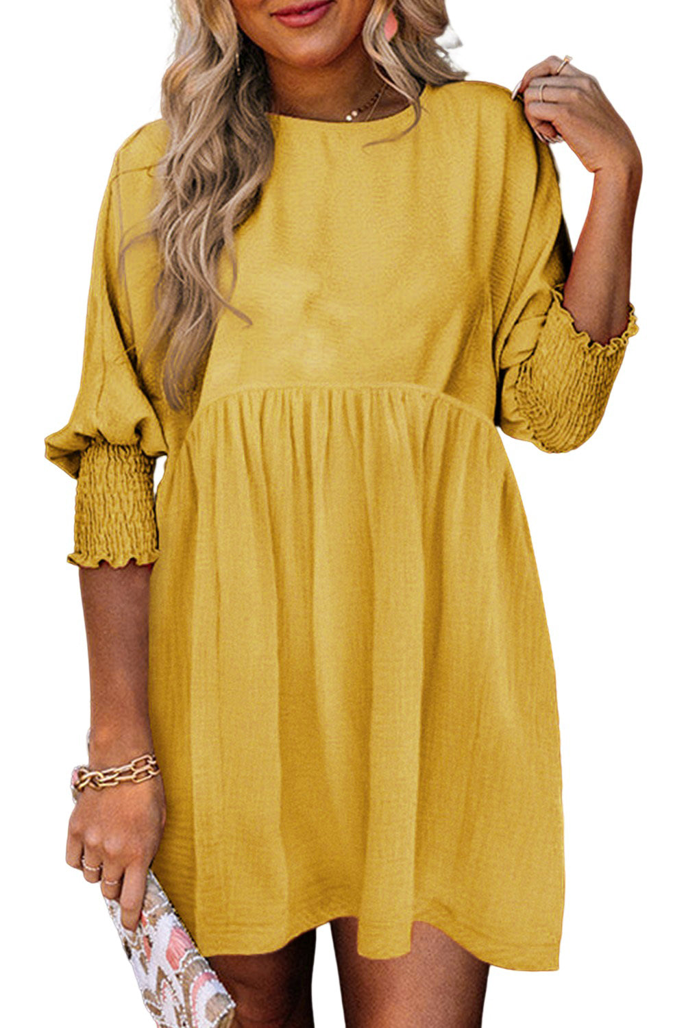 Yellow Shirred Cuffs Short Swing Dress