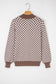 Dark Brown Half Button Ribbed Trim Checkerboard Knit Sweater