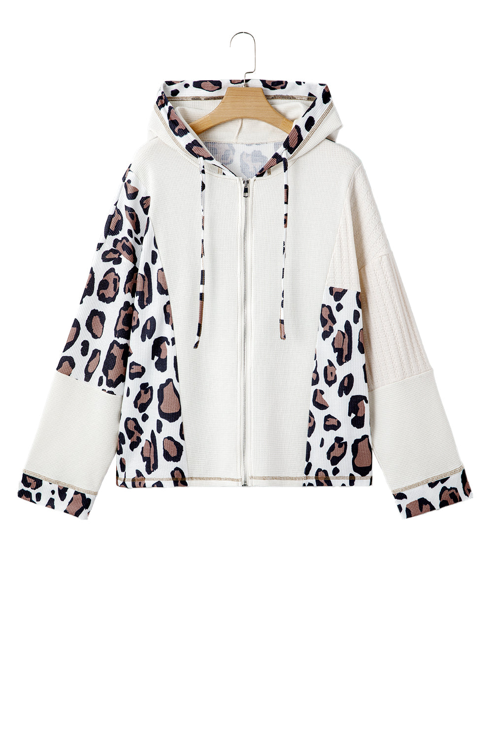 Apricot Oversized Leopard Contrast Mixed Texture Patchwork Zip Up Drop Shoulder Hoodie