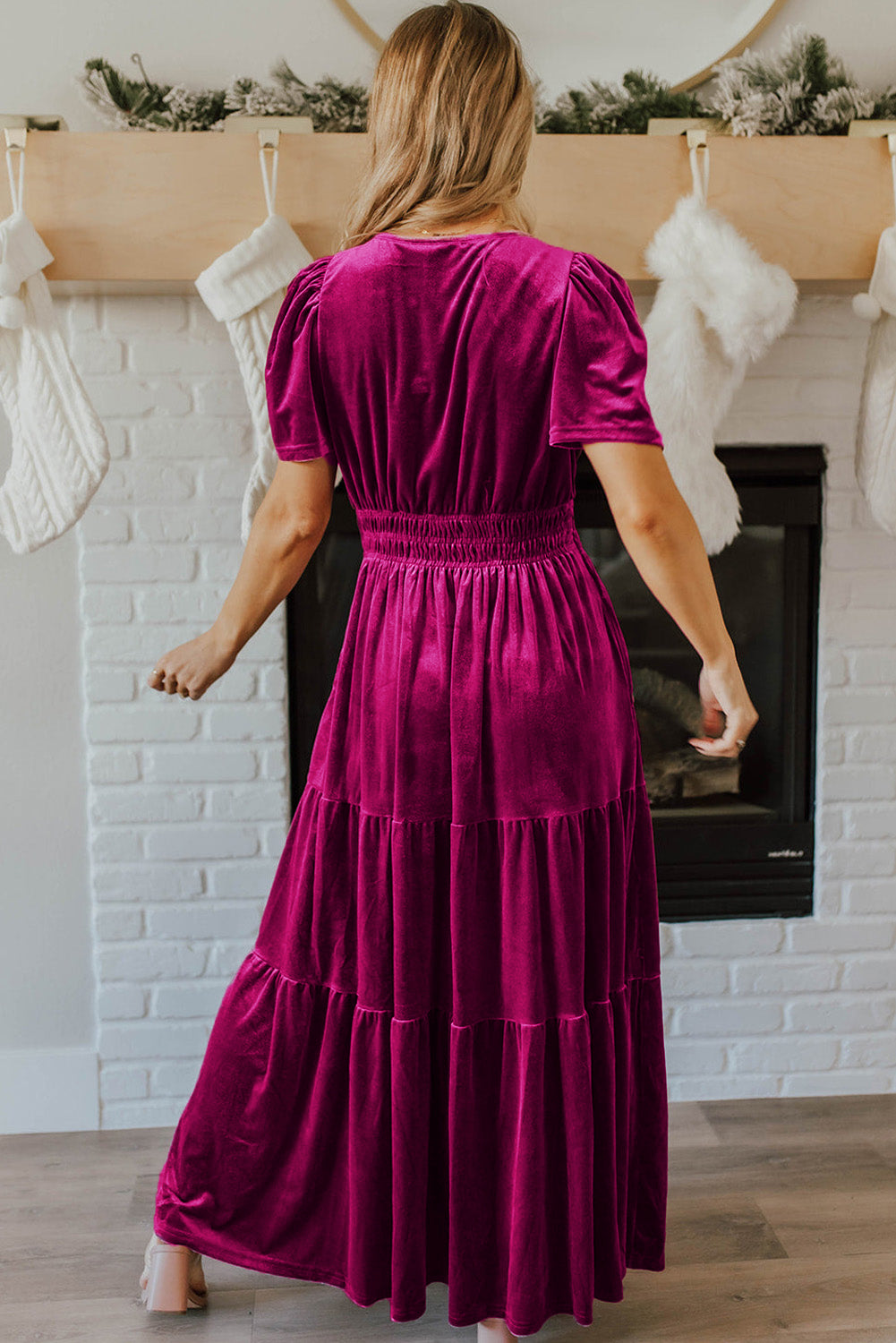 Evergreen Velvet Short Sleeve Shirred Waist Tiered Maxi Dress