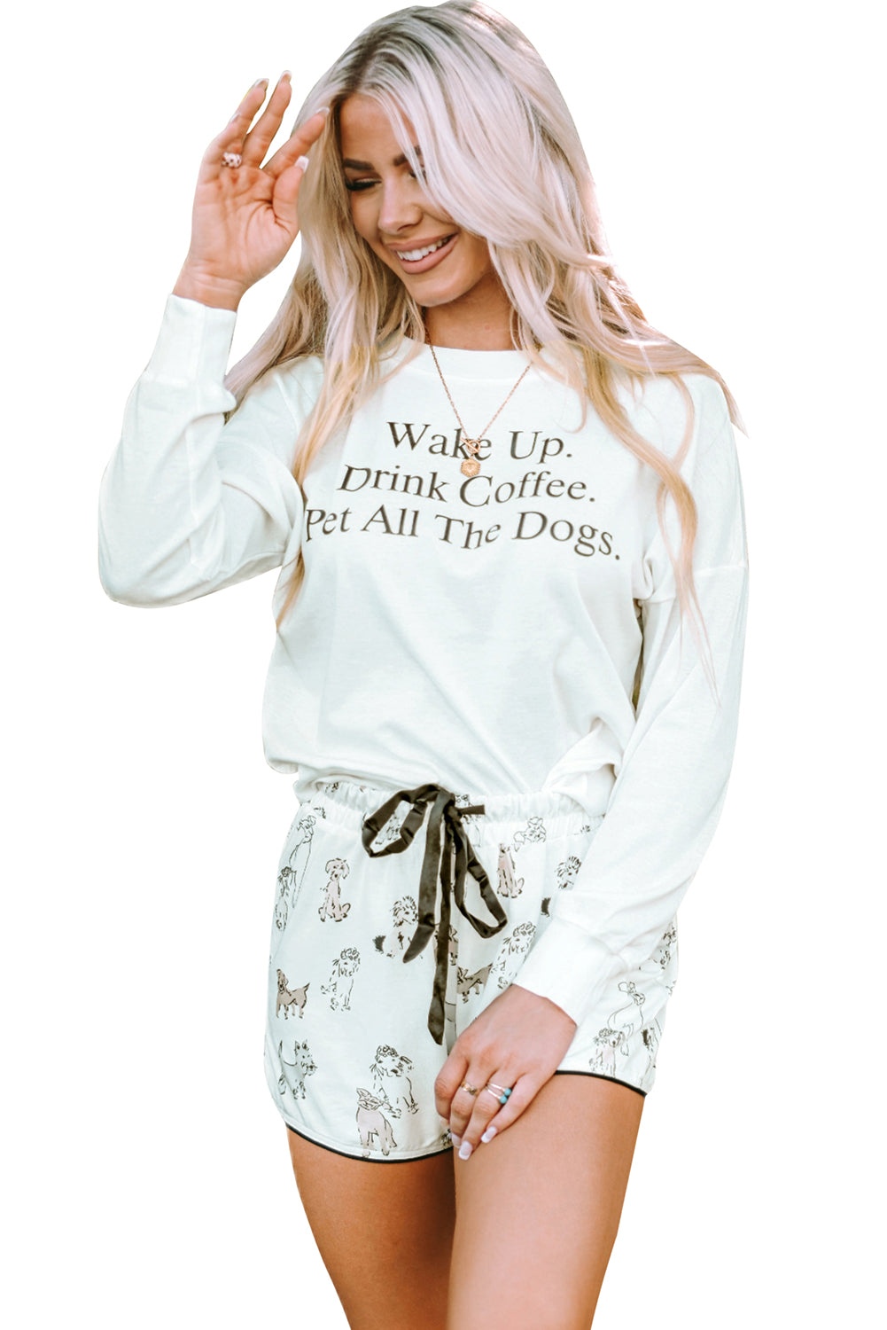 White Long Sleeve Letters Pullover and Animal Shorts Lounge Set