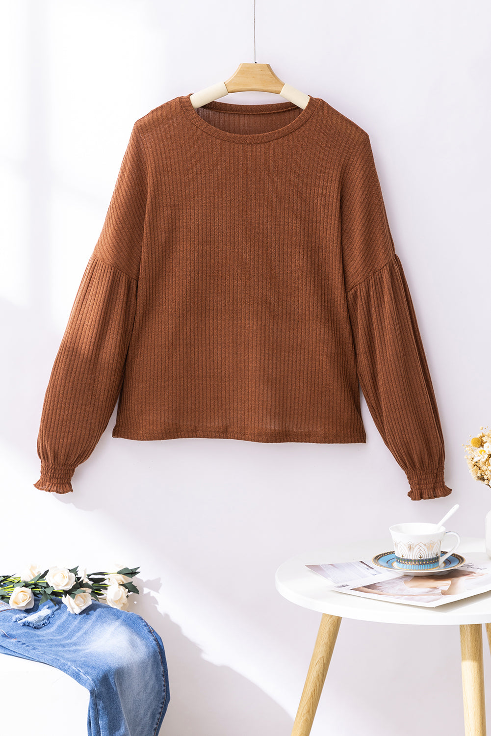 Chestnut Ribbed Knit Drop Shoulder Ruffled Sleeve Top