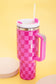 Bright Pink Checkered Print Handled Stainless Steel Tumbler Cup 40oz