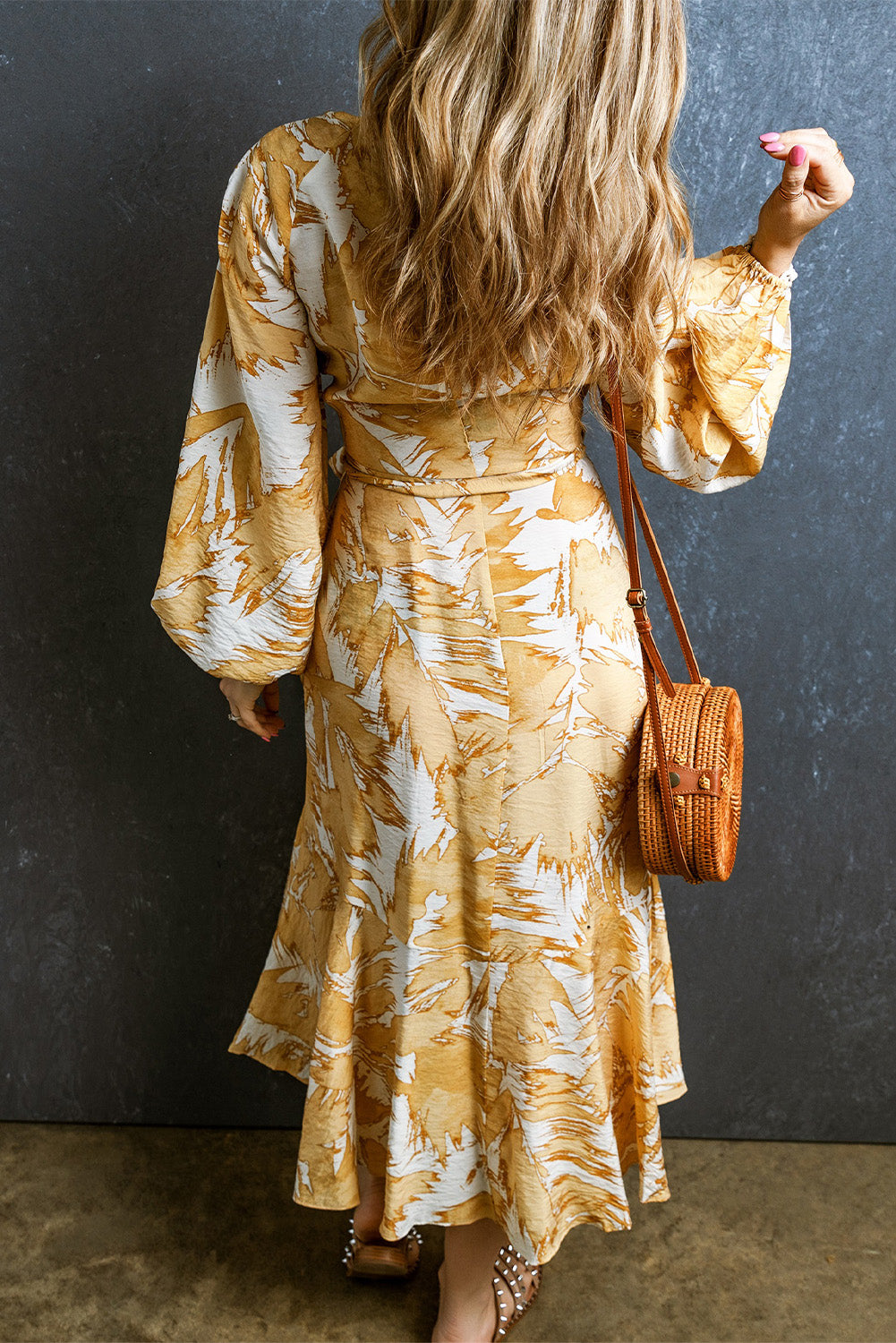 V Neck Wrap Lace up Bubble Sleeve Yellow Floral Dress