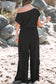 Black Checkered Mesh One Shoulder Short Sleeve Knotted Waist Jumpsuit
