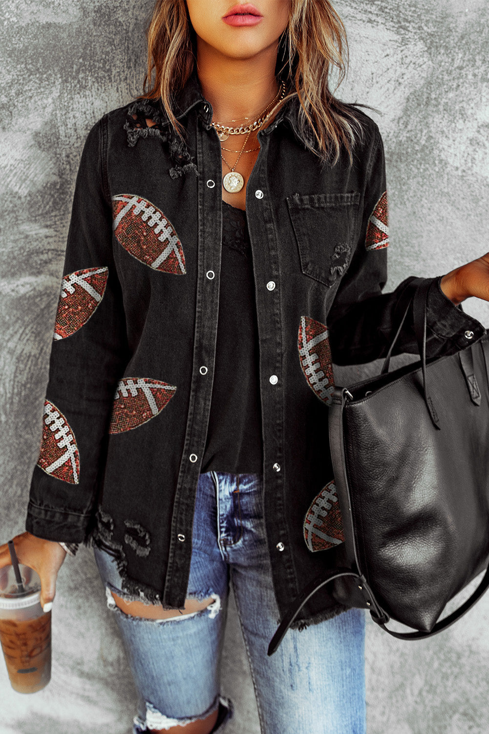 Black Sequined Football Graphic Frayed Denim Shacket