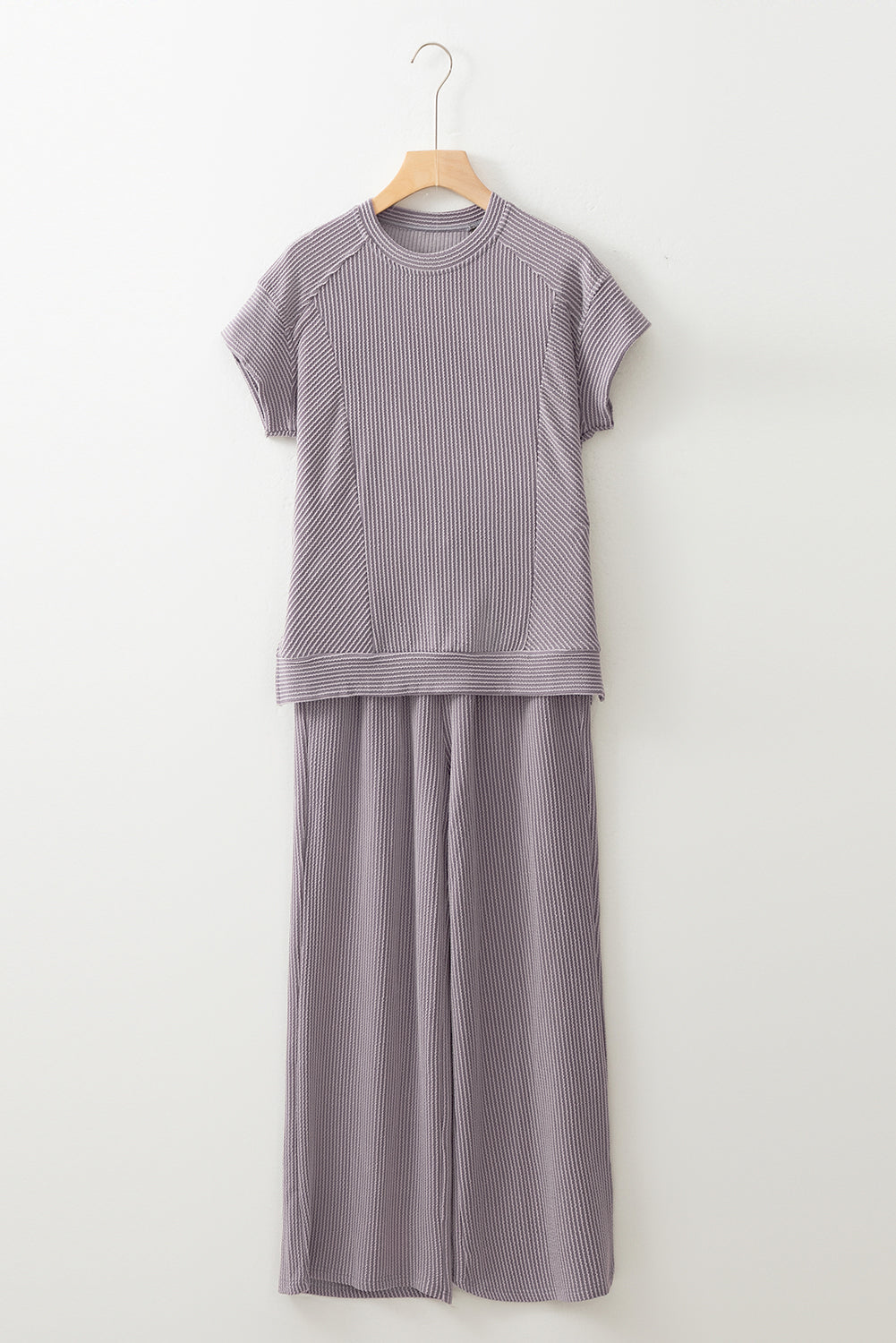 Smoke Gray Solid Corded Knit Short Sleeve T Shirt and Wide Leg Pants Set
