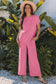 Smoke Gray Solid Corded Knit Short Sleeve T Shirt and Wide Leg Pants Set