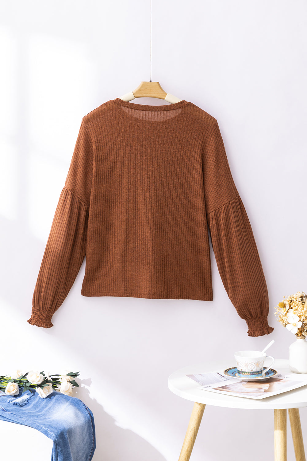 Chestnut Ribbed Knit Drop Shoulder Ruffled Sleeve Top