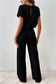 Black Ribbed Keyhole Short Sleeve Wide Leg Jumpsuit