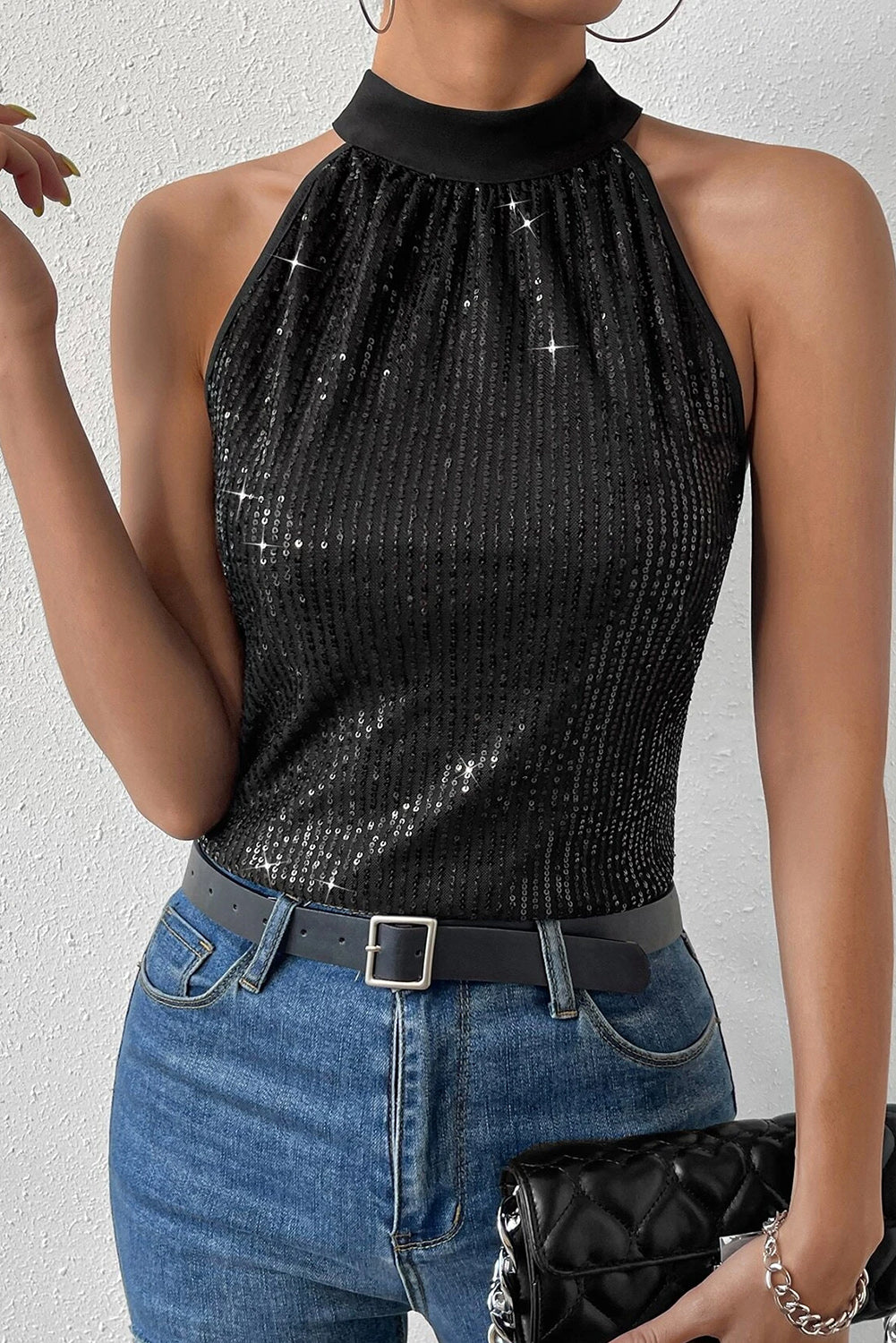 Black Tie Back Sequined Tank Top