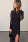 Black Sheer Mesh Long Sleeve Twisted Knot Side Slit Midi Dress