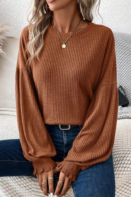 Chestnut Ribbed Knit Drop Shoulder Ruffled Sleeve Top