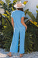 Smoke Gray Solid Corded Knit Short Sleeve T Shirt and Wide Leg Pants Set