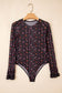 Black Floral Print Smocked Cuff Slim Fit Mesh Bodysuit
