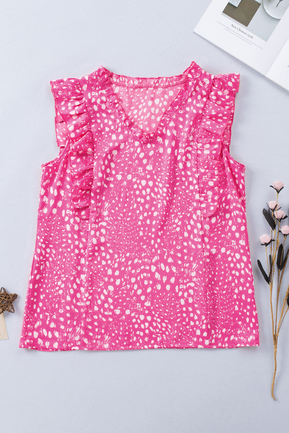 Rose Leopard Ruffle Trim Tank Top