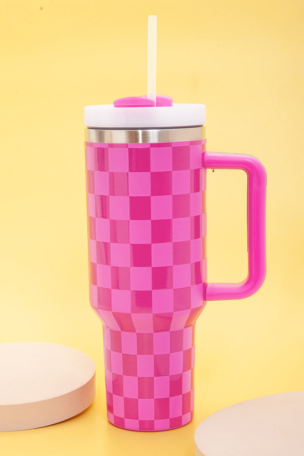 Bright Pink Checkered Print Handled Stainless Steel Tumbler Cup 40oz