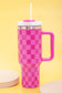 Bright Pink Checkered Print Handled Stainless Steel Tumbler Cup 40oz