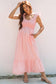 Pink V Neck Flutter Sleeve Smocked Bodice High Waist Ruffle Maxi Dress