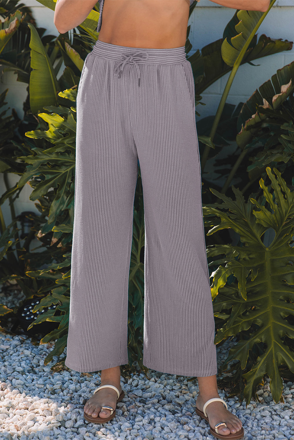 Smoke Gray Solid Corded Knit Short Sleeve T Shirt and Wide Leg Pants Set