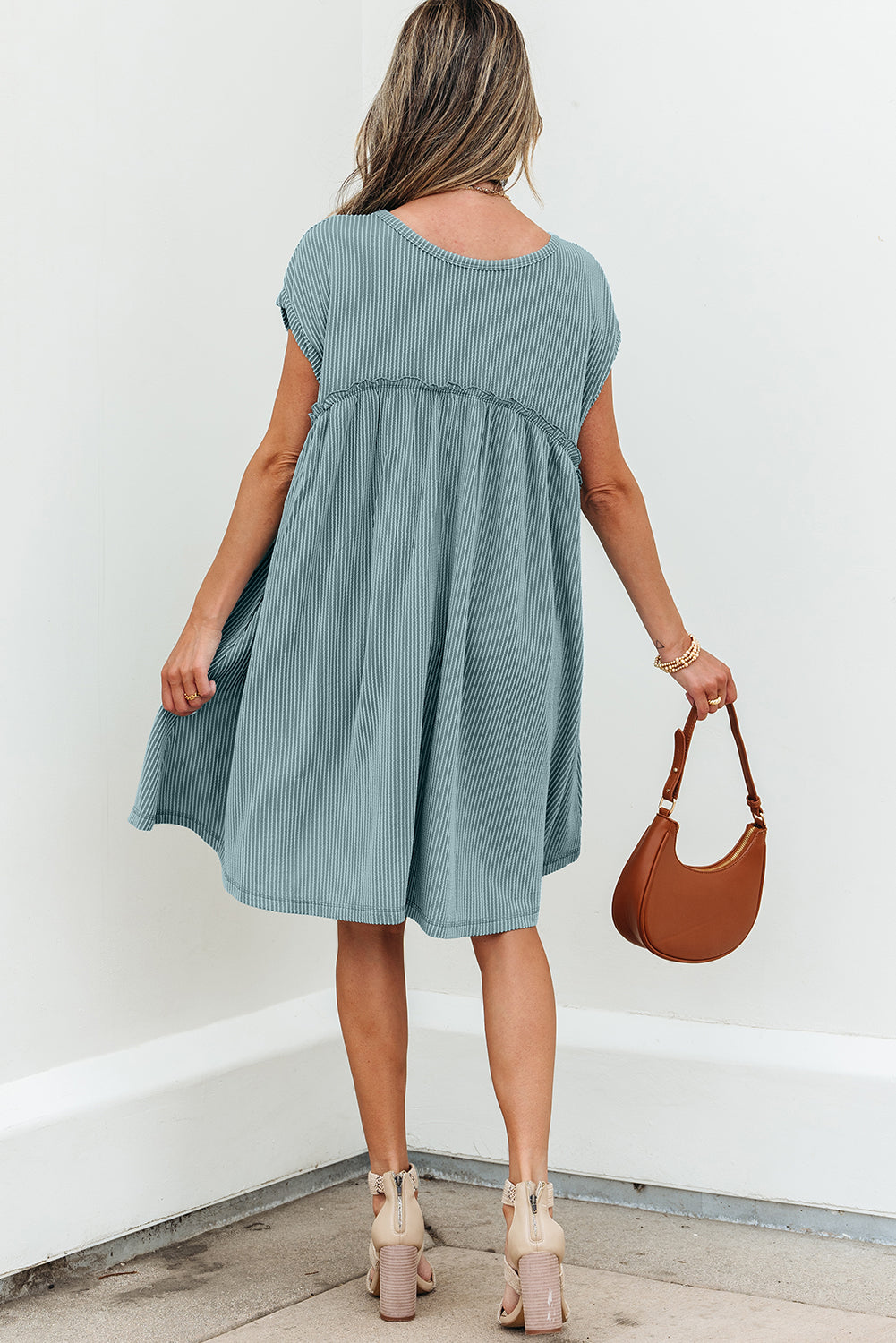 Dusty Pink Corded Knit Textured Patched Pocket Frilled Swing Mini Dress with Pockets