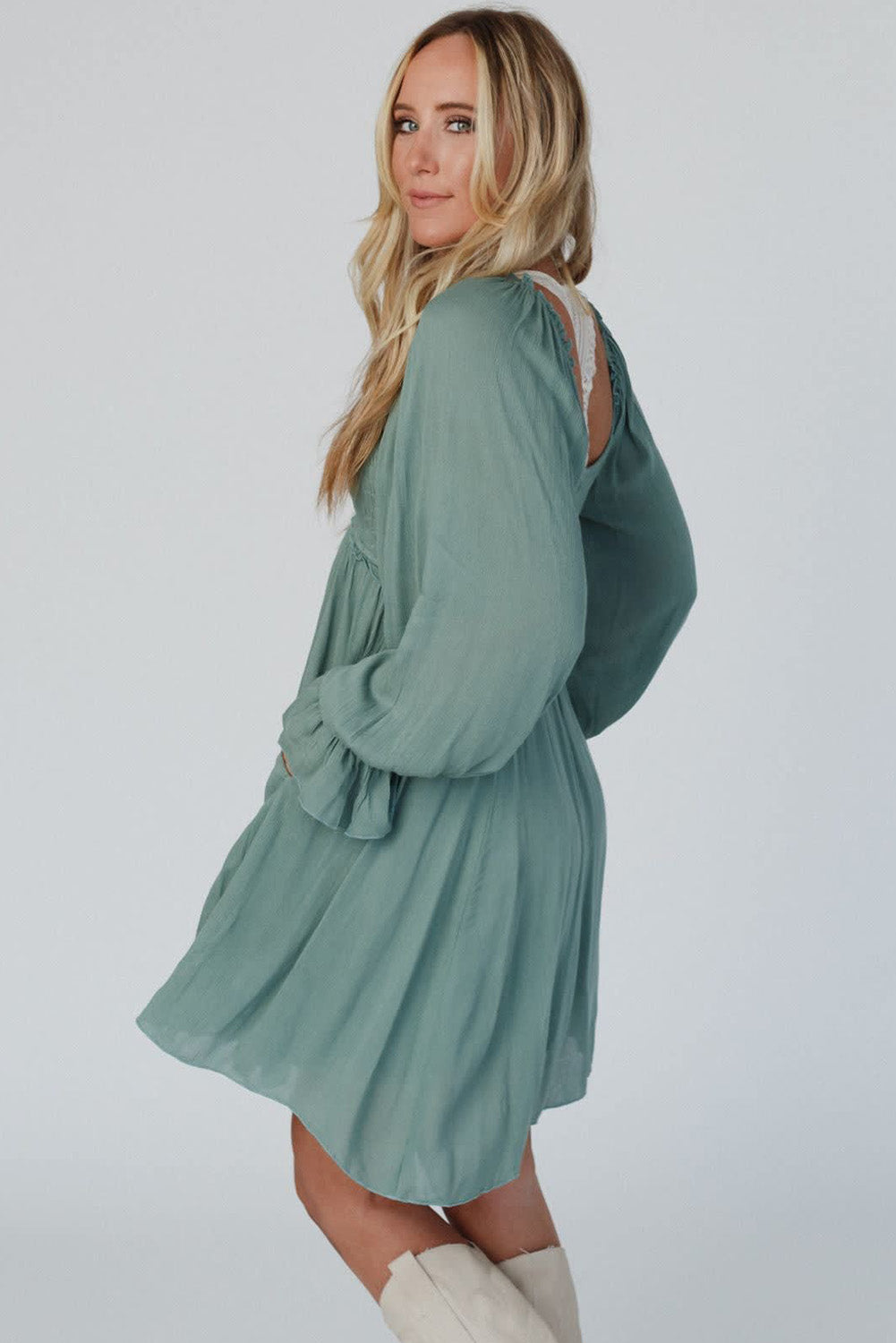 Mist Green Ruffled Bubble Sleeve Flowy Short Dress