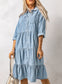 Sky Blue Ruffled Denim Full Buttoned Midi Dress