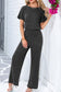 Black Ribbed Keyhole Short Sleeve Wide Leg Jumpsuit