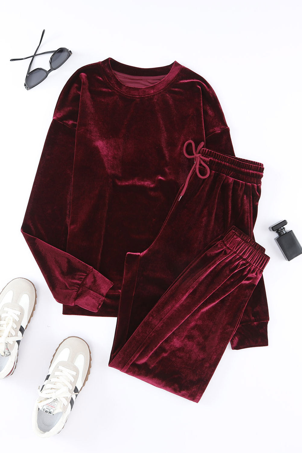 Red Solid Velvet Two Piece Lounge Set