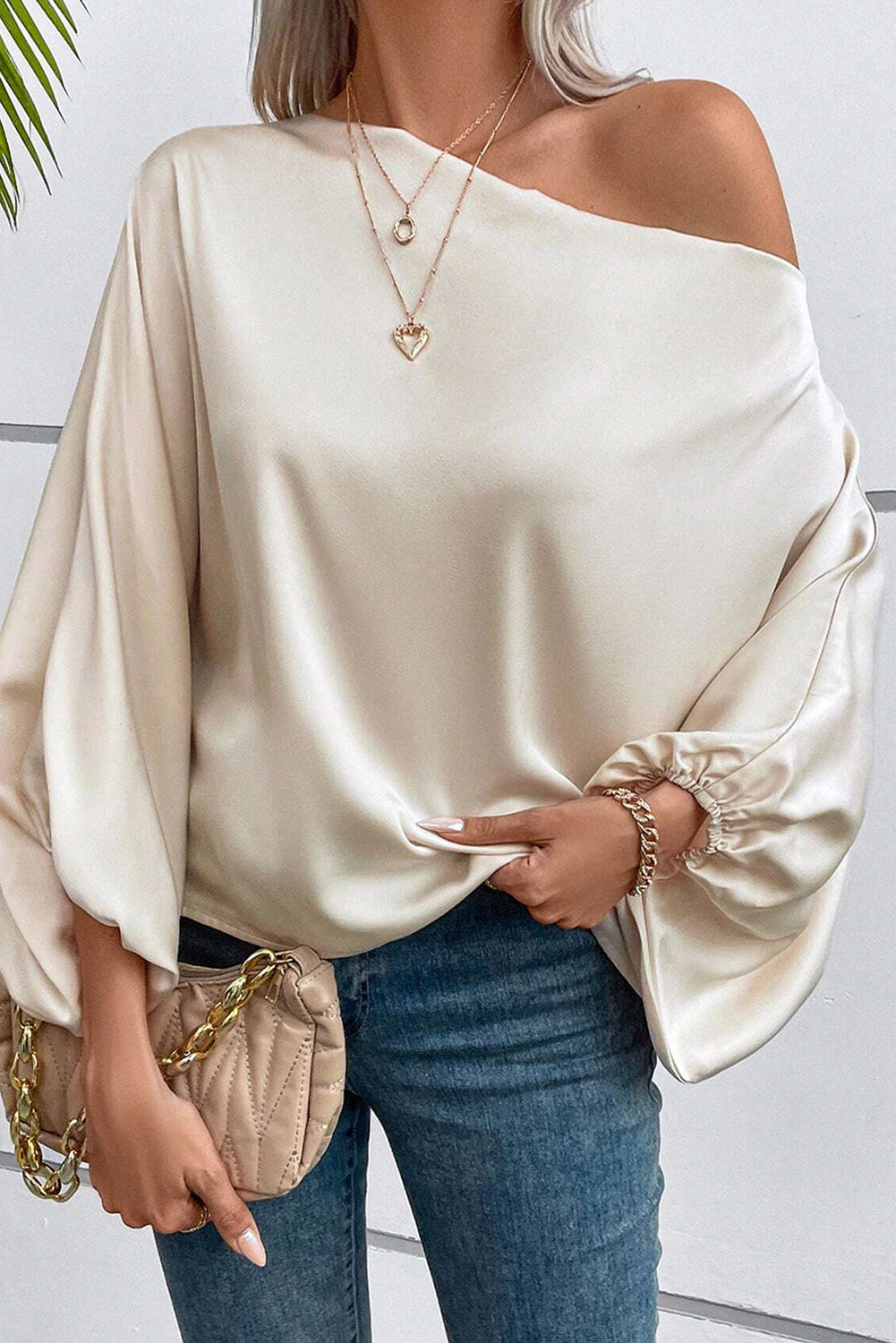 Asymmetrical Neck Balloon Sleeve Satin Blouse