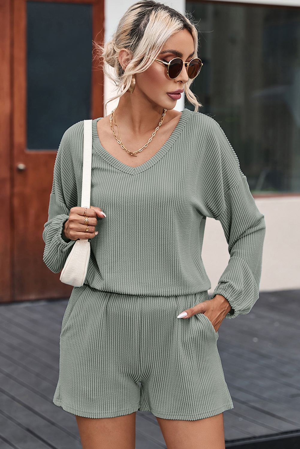 Green Corded V Neck Slouchy Top Pocketed Shorts Set