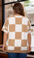 Light French Beige Plus Size Checkered Pattern Knit Short Sleeve Sweater