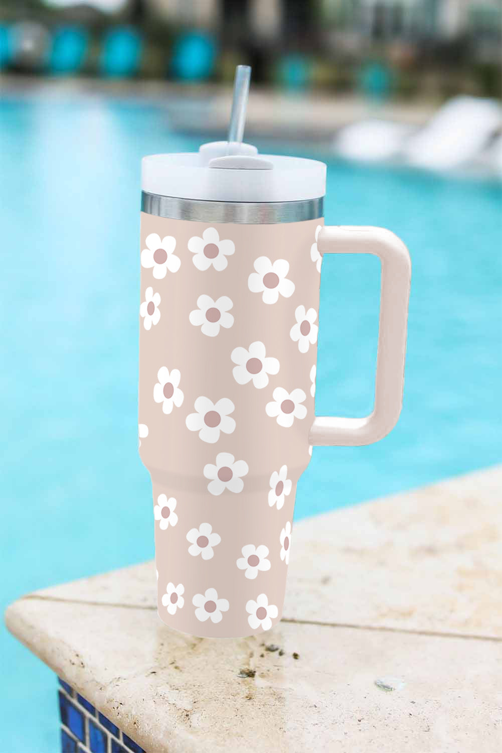 Floral Print Stainless Tumbler With Lid And Straw