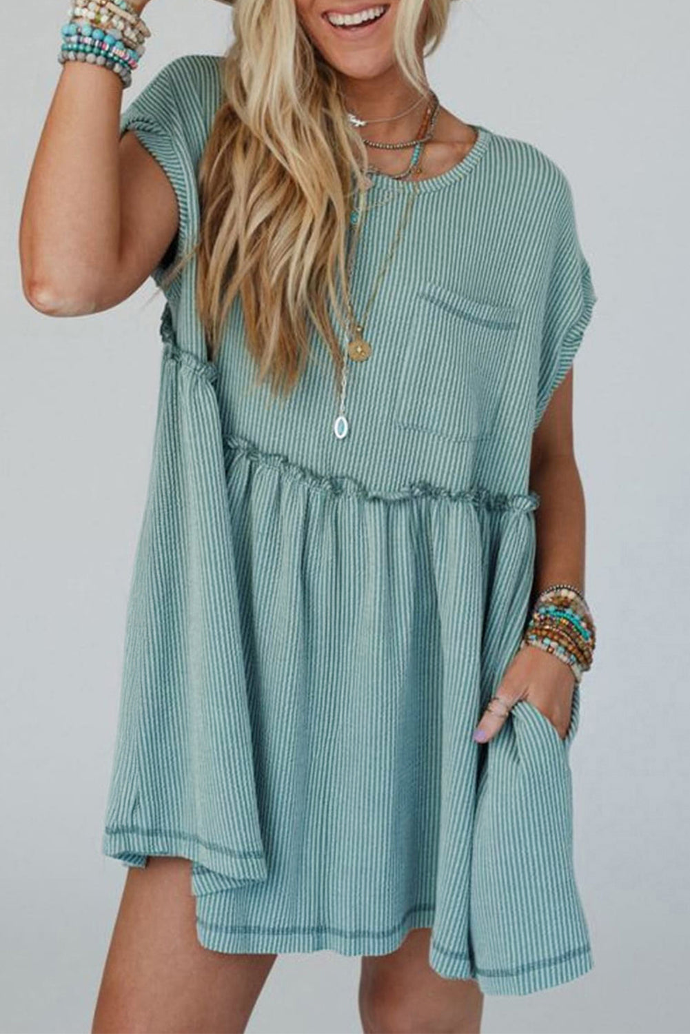 Dusty Pink Corded Knit Textured Patched Pocket Frilled Swing Mini Dress with Pockets