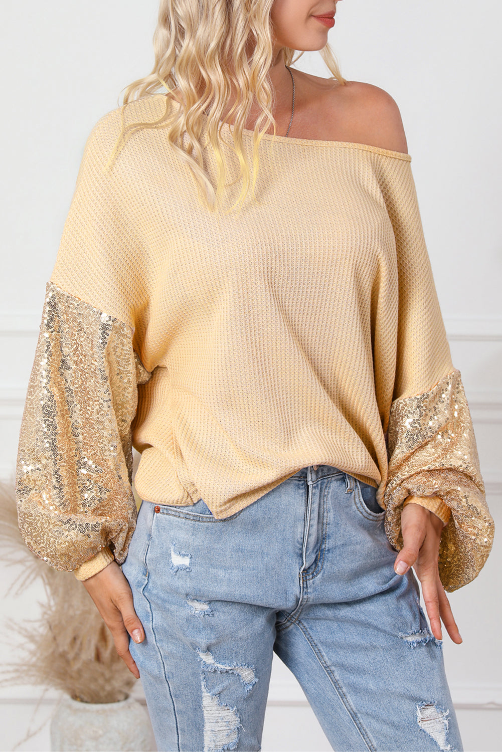 Apricot Sequin Sleeve Open Back Waffle Knit Top