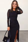 Black Sheer Mesh Long Sleeve Twisted Knot Side Slit Midi Dress